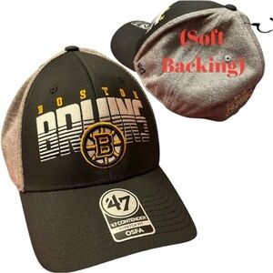 NHL Boston Bruins Hat 47 Brand Black Gray Embroidered Spoked B Logo Cap Stretch